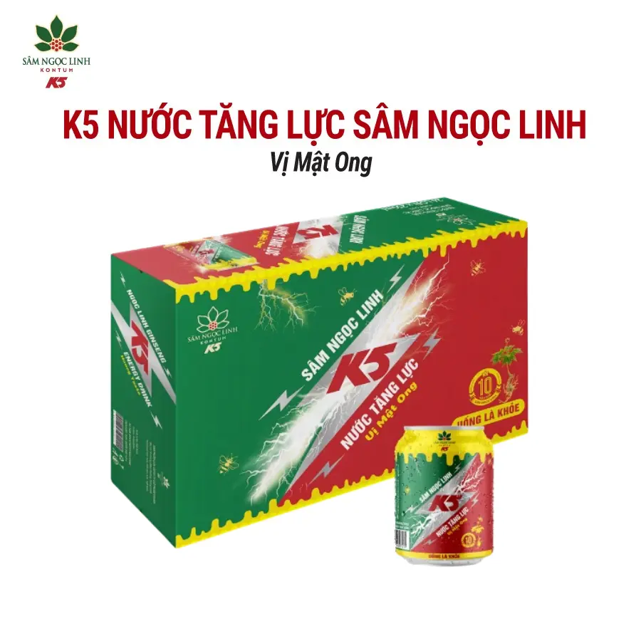 Thùng 24 Lon K5 Nước Tăng Lực Sâm Ngọc Linh Vị Mật Ong- 250ML/ Lon