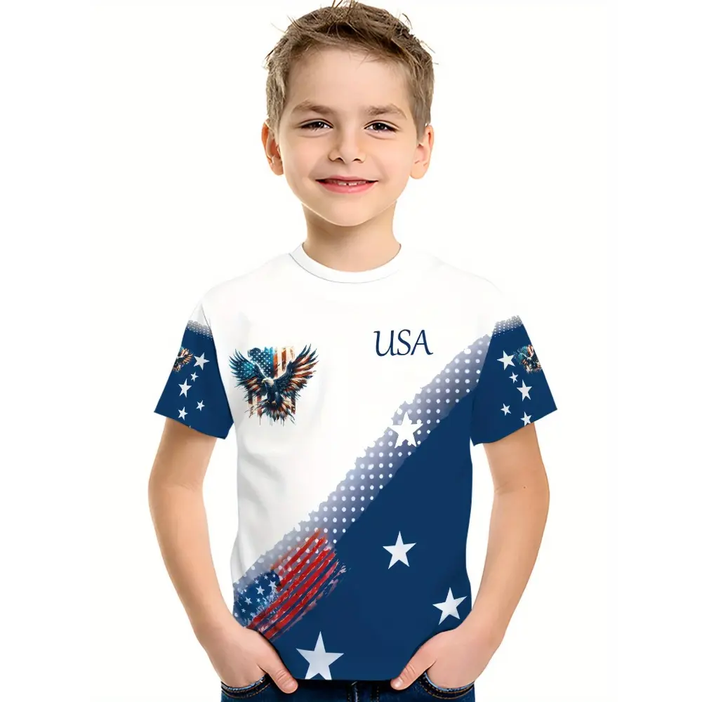 Youth USA Patriotic Eagle Graphic Print T-Shirt - Knit Polyester Crew Neck Tee with Slight Stretch, Casual Regular Fit Top for, Ideal for Spring/Summer/Fall