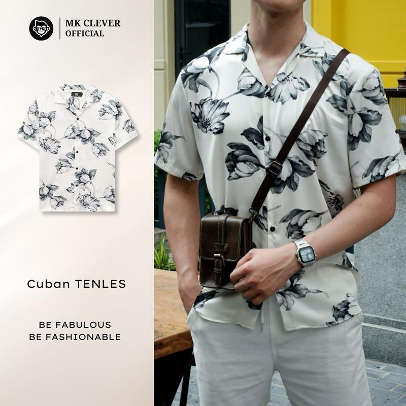 Áo Sơ Mi Cuban Tenles MK CLEVER, Áo Sơ Mi Thiết Kế Cổ Cuban, Họa Tiết Sắc Màu, Chất Liệu Vải Lụa Satin Mịn Siêu Đẹp, Form Dáng Trẻ Trung Nam Menswear