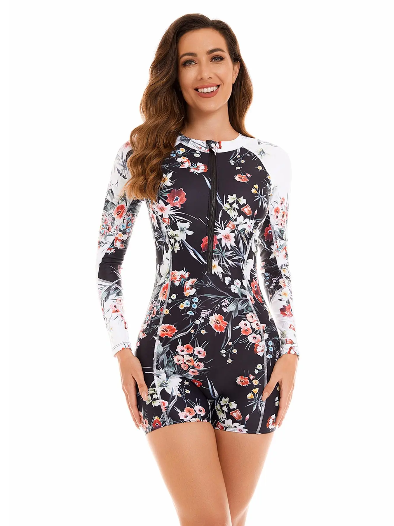 Women's Floral Print Raglan Sleeve Zipper Romper, Casual Long Sleeve Round Neck High Waist One-piece Swimwear for Beach Swimming, Ladies Swimsuit for All Seasons