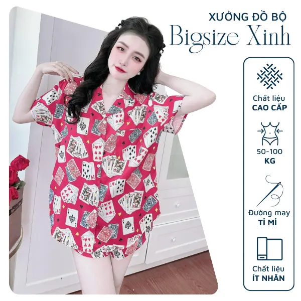 Bộ  lá bài mặc tết bigsize 50-100kg pijama  đùi thiết kế 3D mặc nhà cho nữ Áo Ngủ Quần Ngủ bo duigan bộ