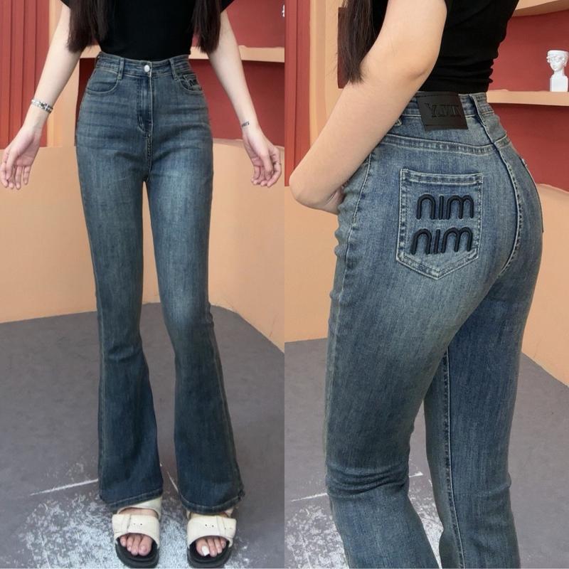 [ ZINLY SHOP ] Quần Jean Nữ Ống Loe Cạp Cao Túi Thêu Chữ Màu Đậm Có Fom Ngắn 95cm Và Dài 105cm Q329