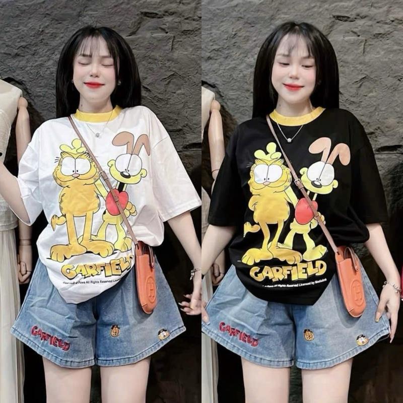   Bigsize 60 - 90kg  Set Bộ Nữ Quần Đùi PHOM RỘNG Jean Kèm Áo Thun Tay Ngắn In Hoạt Hình 