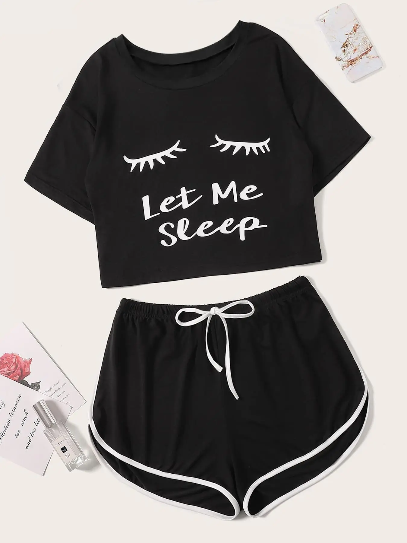 Two Counts Women's Graphic Elastic Waist Pajama Set, Casual Comfort Short Sleeve Crop Tee & Contrast Binding Shorts Set for Homewear, Pajama Sets Women, Womenswear, Summer Wear 2024