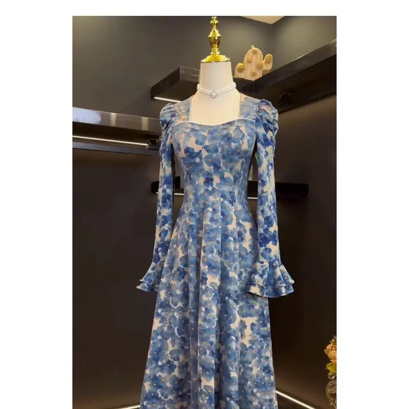 [ready stock]FADFAD - Gaun Maxi Wanita Motif Bunga Biru Elegan - Lengan Panjang Model Korea Vintage - Bahan Adem Berkualitas - Cocok untuk Acara Formal & Santai 2