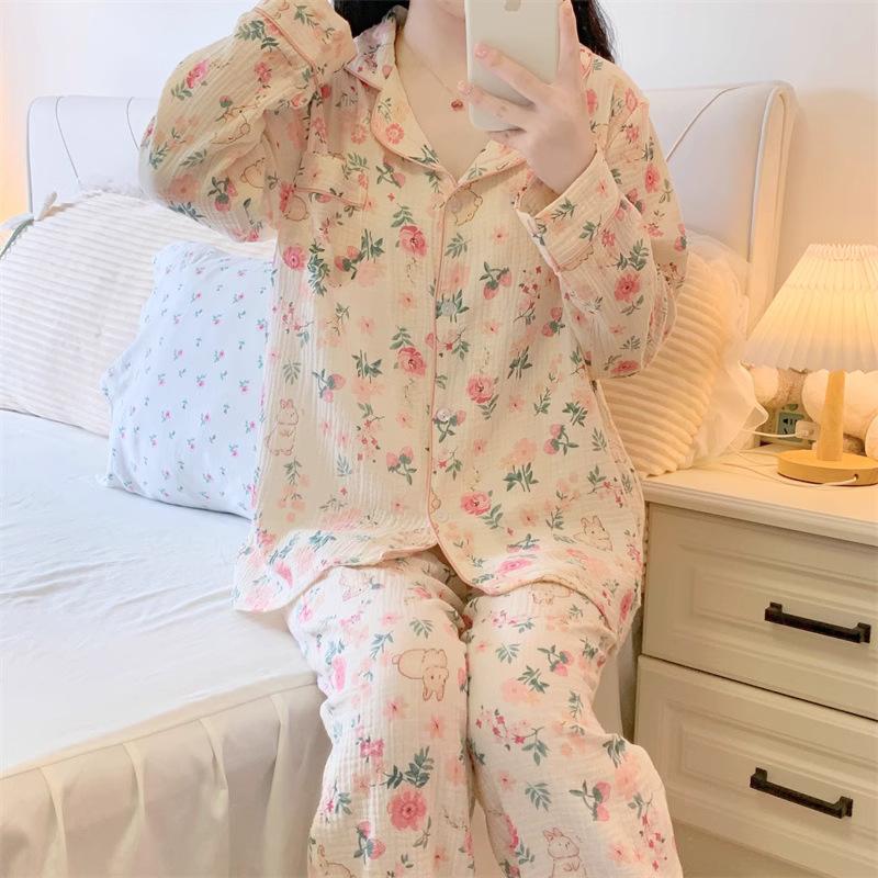 Bộ Đồ Ngủ Nữ, Phong Cách Mùa Xuân Và Mùa Thu, Thiết Kế Hoa Anh Đào Gió, Áo Cardigan Dài Tay, Thích Hợp Cho Bé Gái, Dáng Rộng Rãi Và Thường Ngày, Có Thể Mặc Đi Ngủ Women đồ bộ nữ mặc nhà đồ ngủ nữ đồ bộ pijama nữ Kem