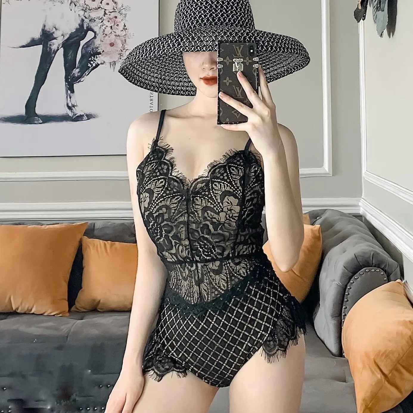 Bikini 1 Mảnh Ren Họa Tiết Đẹp Cực Quyến Rũ Kiểu Pháp