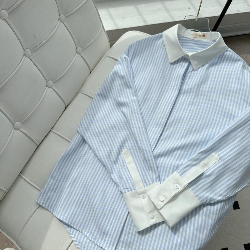 Áo sơ mi Nữ kẻ sọc phối cổ trắng chất thô đũi cotton dáng oversize Women Shirt 7