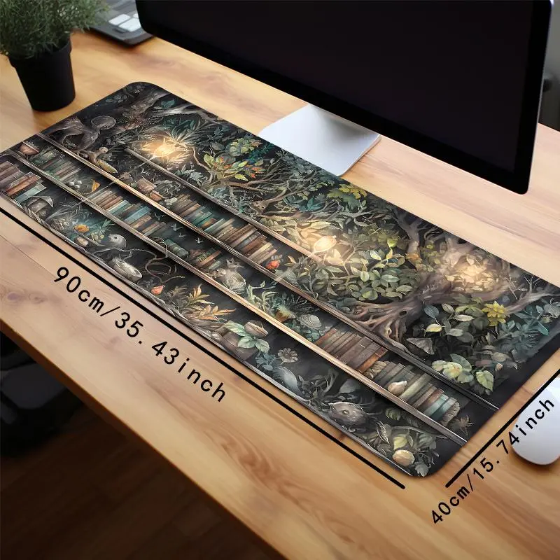 Creative Book & Tree Pattern Extended Mouse Pad, Rectangle Gaming Mouse Keyboard Pad, Office Desk Accessories, Non-slip Rubber Base Stitched Edge Desk Pad for Laptop Desktop 3