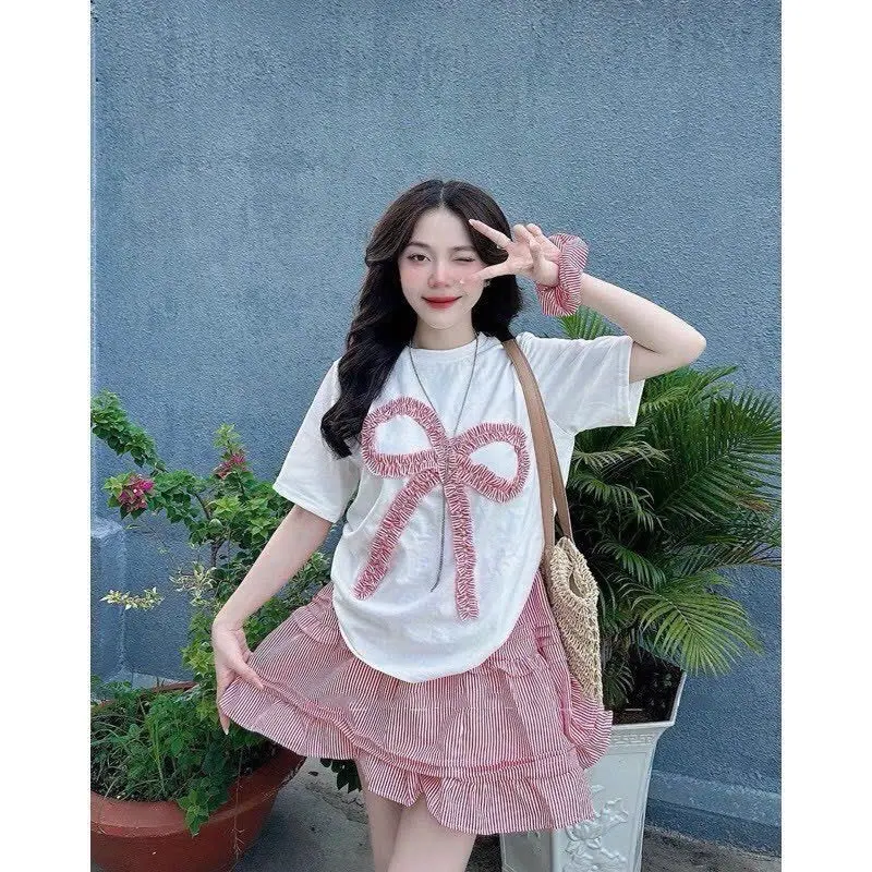 Set Đồ Bầu Gồm Áo Cotton Nơ Xinh Và Chân Váy Đầm Bầu