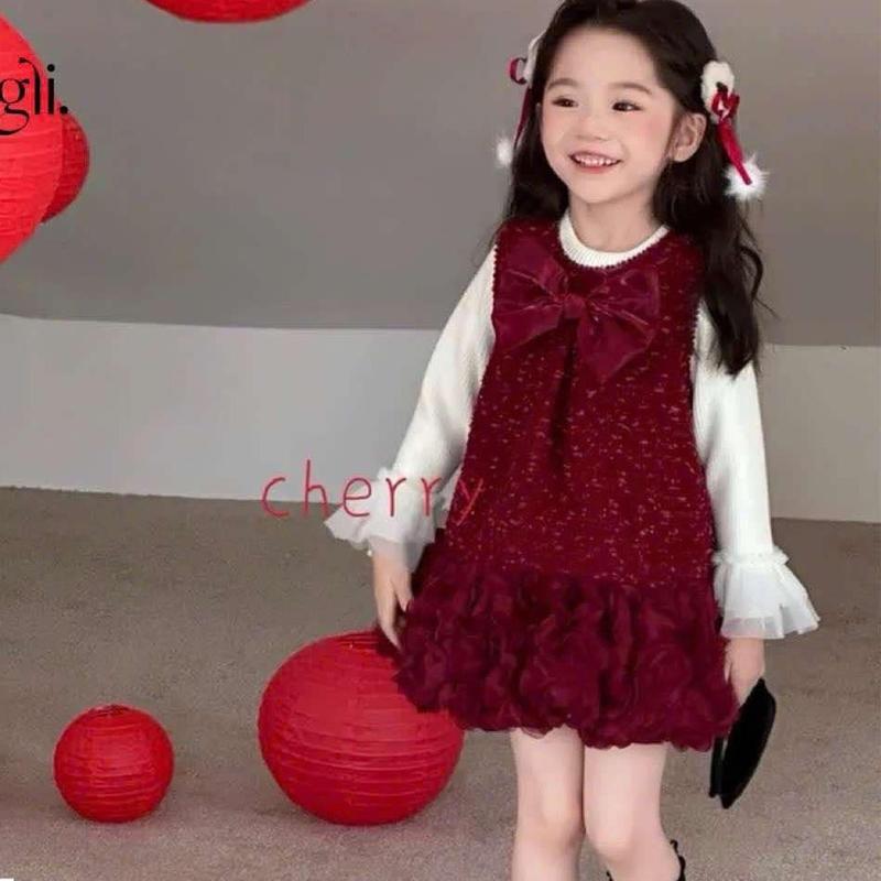 Quần áo trẻ em, Váy dạ đỏ hoa hồng 3D kèm áo bên trong cho bé 8-22kg