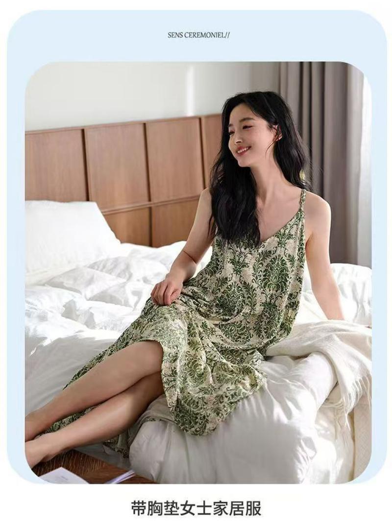 Product Introduction of Summer new product with chest cushion, suspender nightgown, women's ice silk sleepwear, jumpsuit, home wear 4