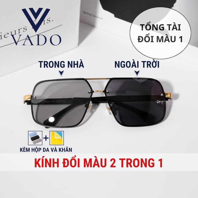 VADO - TỔNG TÀI ĐỔI MÀU 1 - Kính boleroid phân cực đổi màu thời trang nam, Mắt Kính đi ngày đêm không viền gọng hợp kim bọc cao su non - Đi kèm khăn hộp