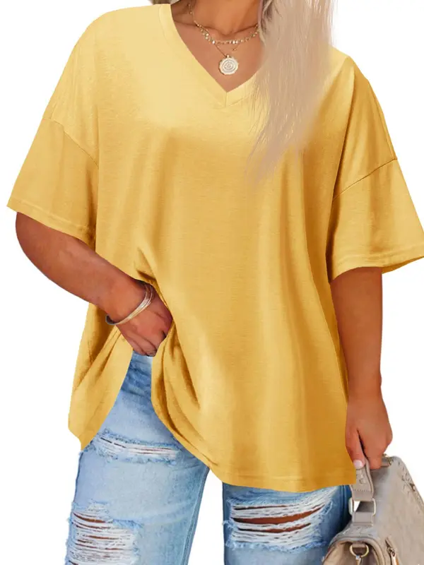【Plus Size】 Plain V Neck Drop Shoulder Half Sleeve Tee, T Shirts for Women, Summer Tees, Summer Vacation Tops, Hide Tummy, Casual Basic T-shirt, Women's Clothing for Daily Wear, Back To School, T Shirts for Women, White Tshirt Women, Tops for Women 3