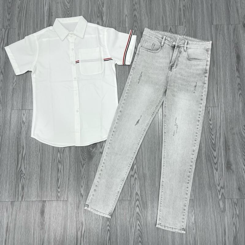 Bộ Áo Sơ Mi Tay Ngắn Phối sọc SMTN04 Trắng Và Quần Jean 1905 Bạc
