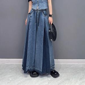 女性のためのアメリカンストリートスタイルプリーツ洗浄ヴィンテージジーンズ、秋の新しいルーズファッショナブルなカジュアルワイドレッグパンツ