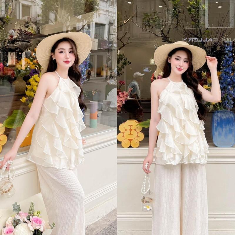 Sét áo quần 2 món sang trọng: áo cổ yếm sóng bèo và quần suông ống rộng chất voan phối thun sọc Đầm nữ Women Dress