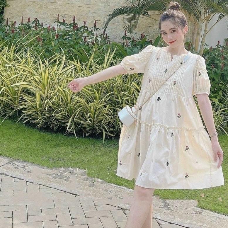 Đầm bầu dáng babydoll tay bồng cách điệu hoạ tiết hoa nhí freesize v058