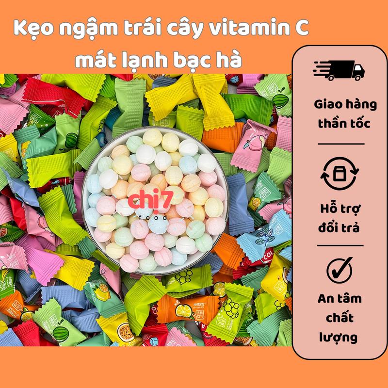 LOẠI 1 Kẹo ngậm trái cây Vitamin C mát lạnh bạc hà thơm miệng Xiao Ke Ao La gói 100g 300g Chi 7 Foods Candy Ăn Vặt