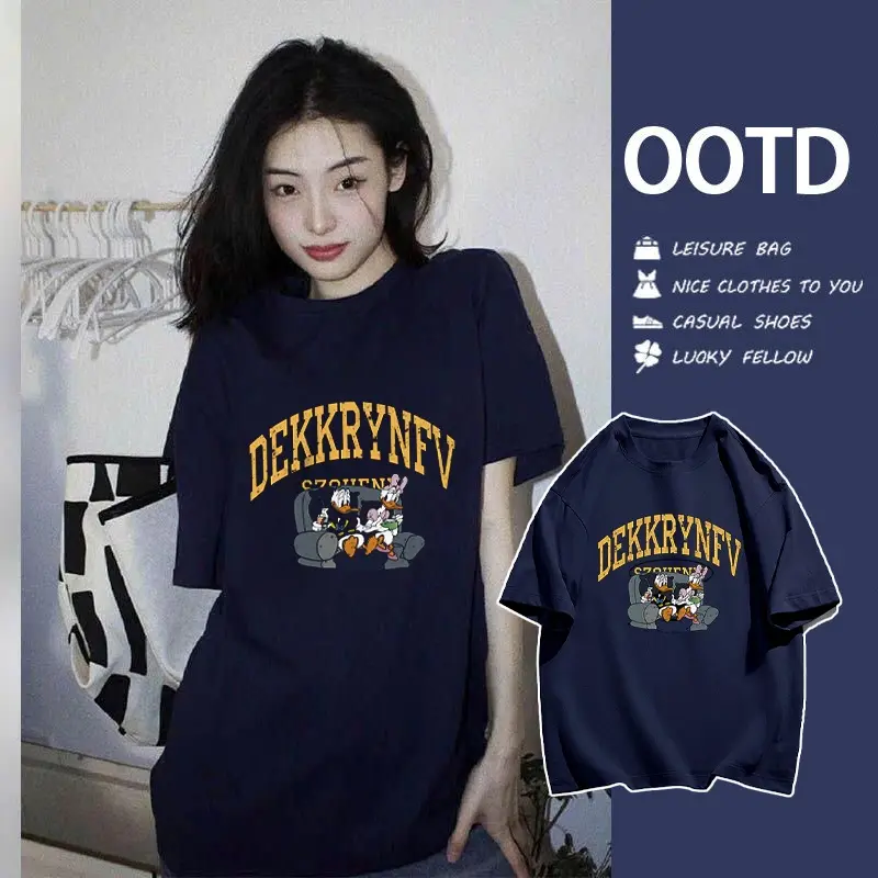 Áo thun unisex couple Donald và Daisy mới cotton Hàn Quốc unisex thời trang tay ngắn oversize mùa hè cổ tròn co giãn áo thun phong cách tay lỡ dáng rộng thoáng mát cho nam nữ dễ phối #191