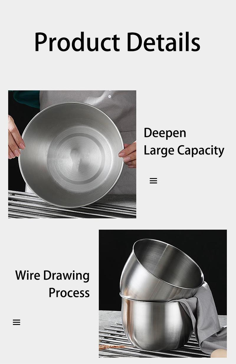 Product Introduction of Nordic Deepen Mixing Bowls Kitchen Egg Mixing Bowl 304 Stainless Steel Baking Tools For Cream Flour Bread Cake Thicken Wall Utensils 18
