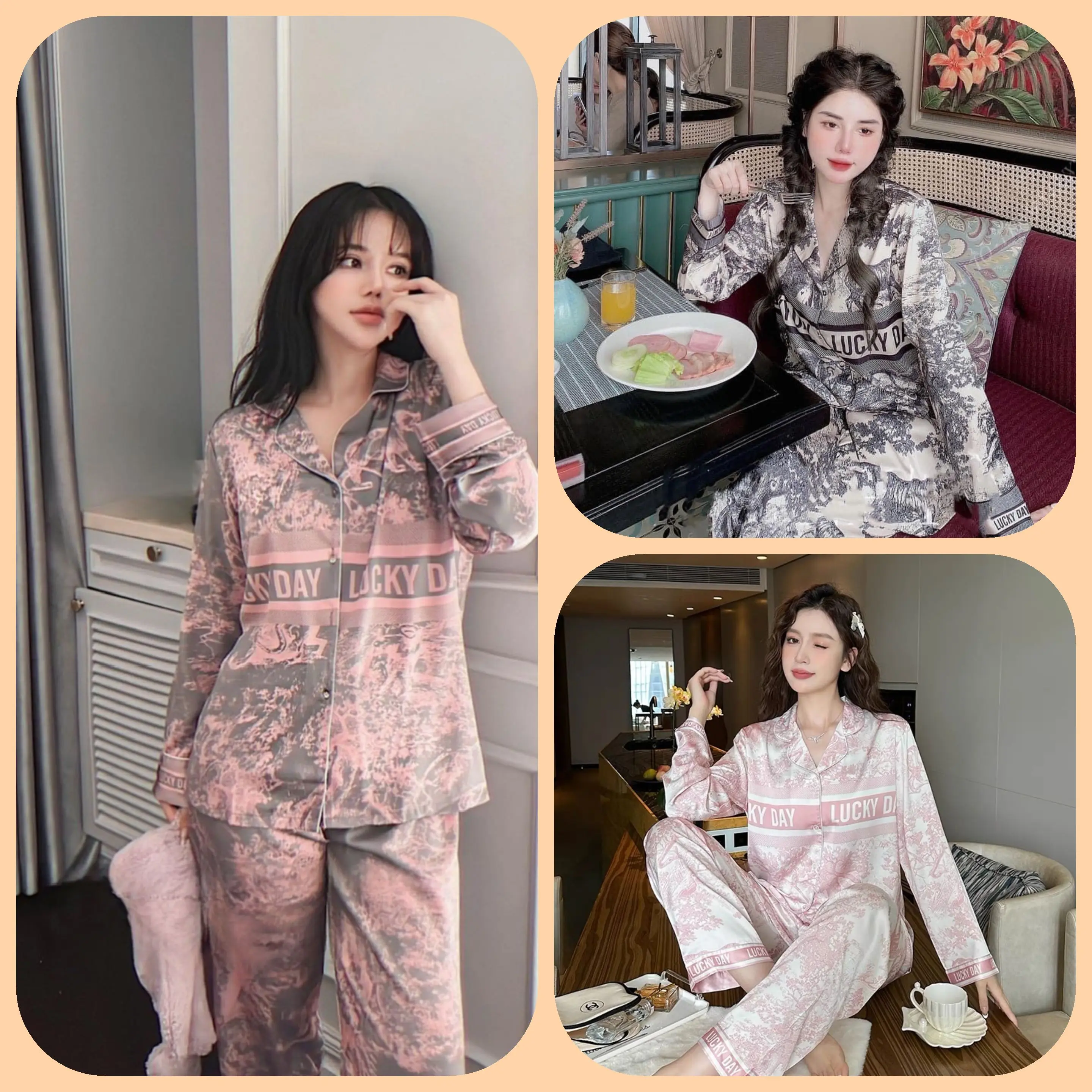 C20 Bộ pijama Sét 2 món (Áo áo dài và quần dài) Họa tiết báo, 3 mầu, đen, hồng tím n lụa Mềm mịn, hàng lụa Quảng Châu Cao Cấp