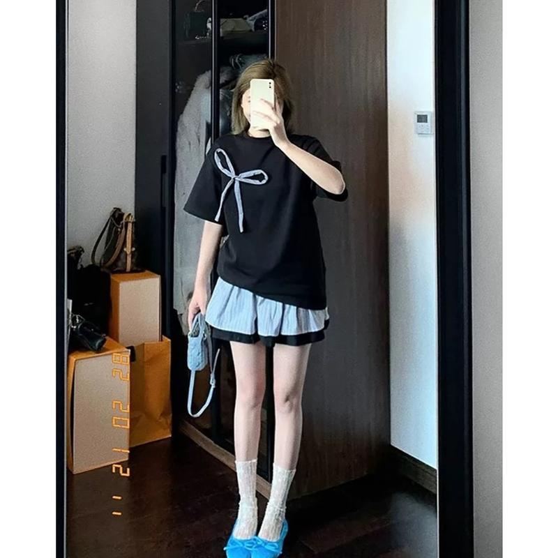 Product Introduction of [ Bigsize 55-100kg] Set áo phông nơ + chân váy mix kẻ tầng xoè nữ tính 1