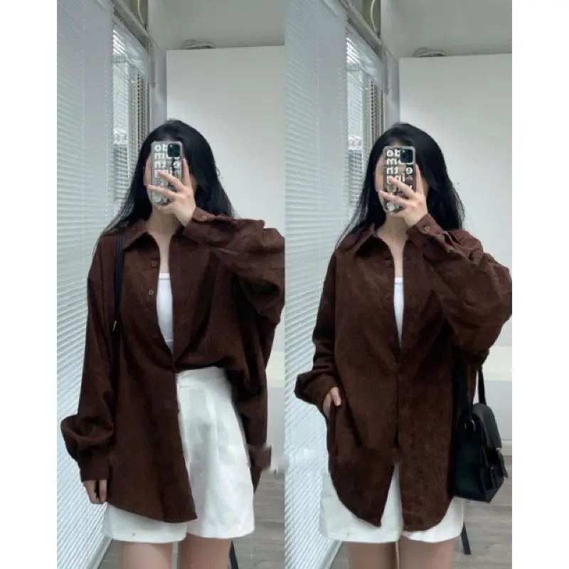 Áo Sơ Mi Chất Nhung Tăm Nam Nữ Form Rộng Nâu Be