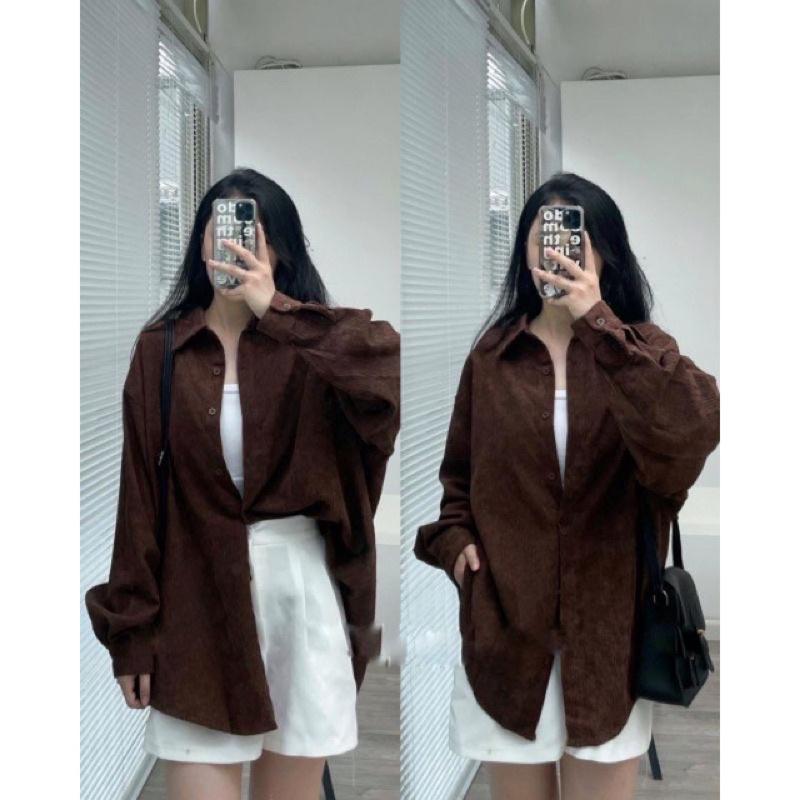 Áo Sơ Mi Chất Nhung Tăm Nam Nữ Form Rộng Nâu Be 0