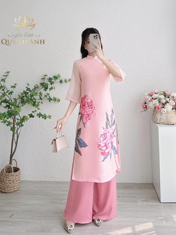 Áo dài cách tân 4 tà hồng mẫu đơn Nữ Women Nhung Dress Sen Hoa Sen 1