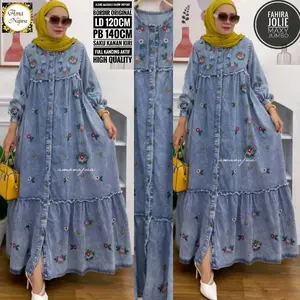 Fahira gamis jeans bordir bunga jumbo LD 120&140cm Polos Wanita