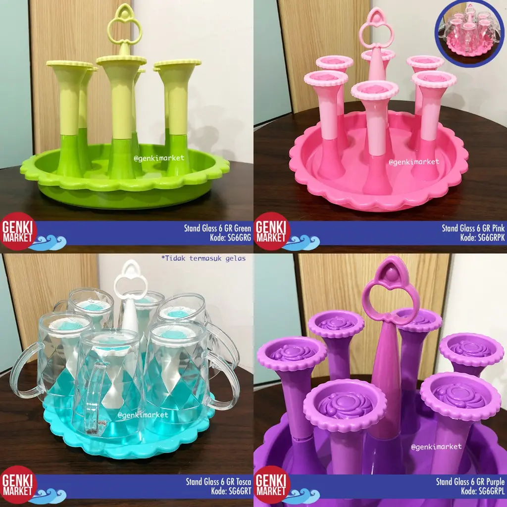 Tempat Gelas Berdiri Isi 6 / Stand Glass 6 GR Genki Market Diamond Hijau