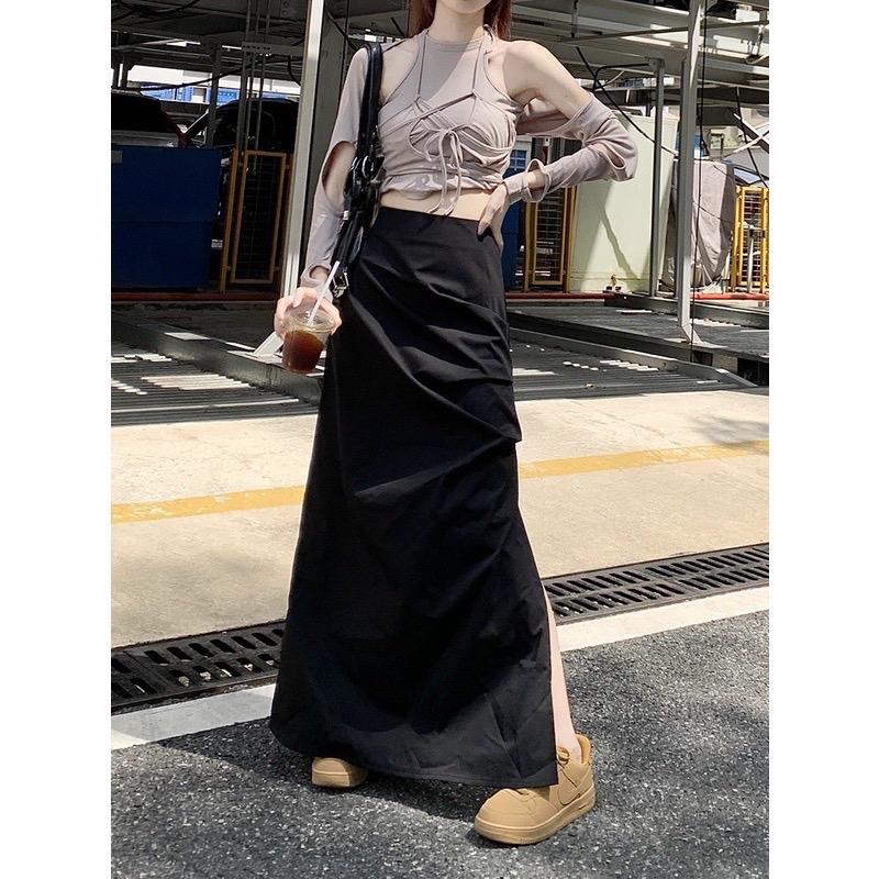  1015-Chân váy kaki xẻ cạnh phong cách ulzang  chân váy dài kaki midi xẻ dúm 