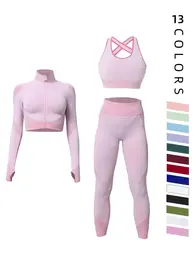Colorblock Zip Up Crop Jacket & High Waist Leggings & Bra Shapewear Set, Gym Wear, Comfort Basic &hellip;