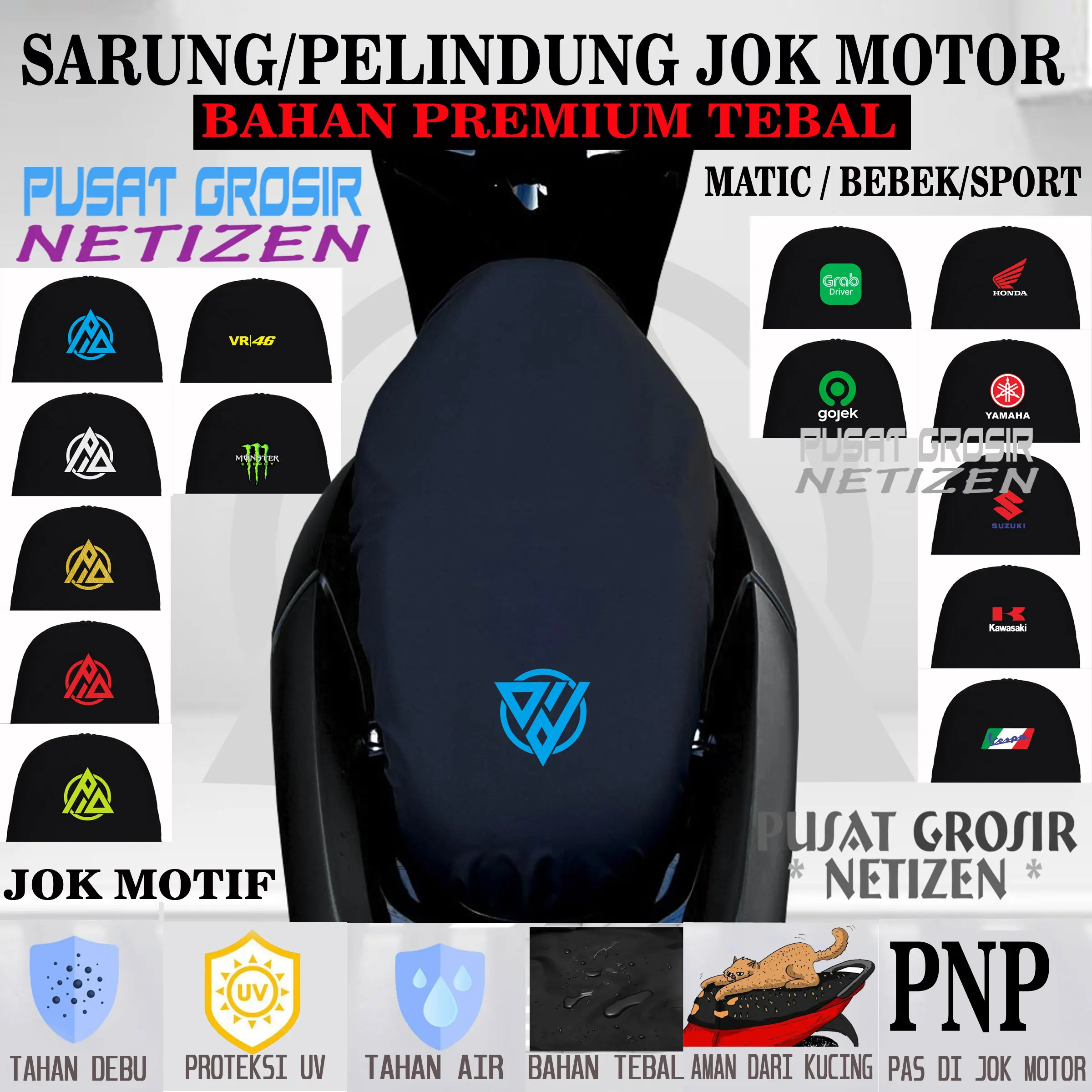 sarung jok motor beat vario genio mio fino xeon spin x ride gear nex soul addres premium seat cover jok motor gambar logo sarung jok motor anti cakar kucing & air Blade Karet