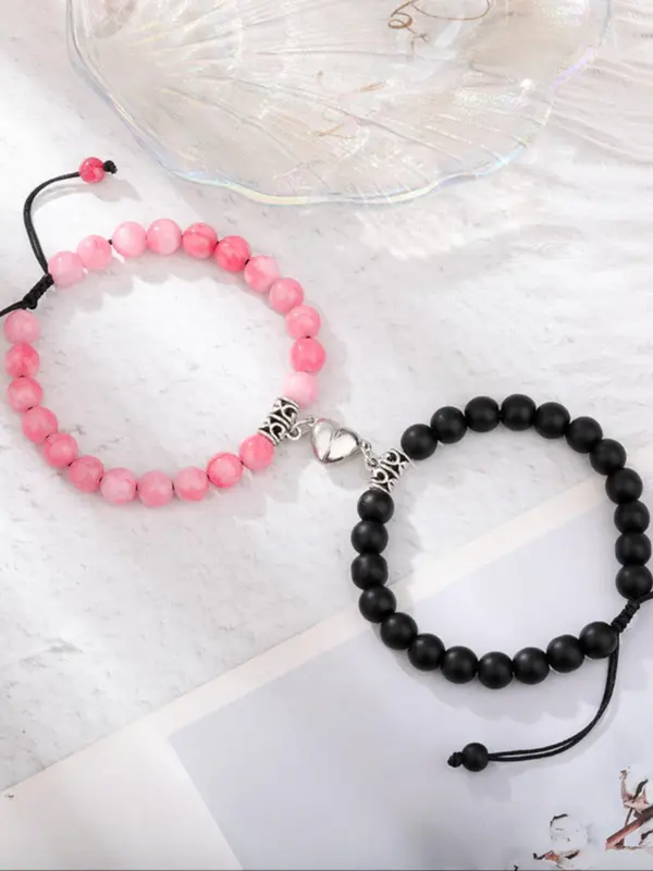 Couple Magnetic Heart Charm Beaded Bracelet, Fashionable Jewelry for Women & Men, Trendy All-match & Exquisite Jewelry for Birthday Gift, Valentine's Day, Gift 6