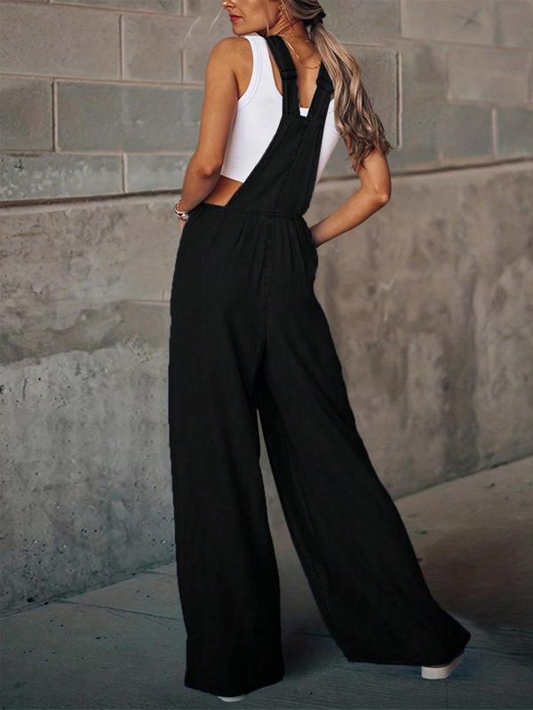 Women's Denim-Effect Print Plicated Wide Leg Overalls Jumpsuit, Fashion Casual Pocket Square Neck Overalls Jumpsuit for Daily Outdoor Wear, Ladies Clothes for All Seasons 3