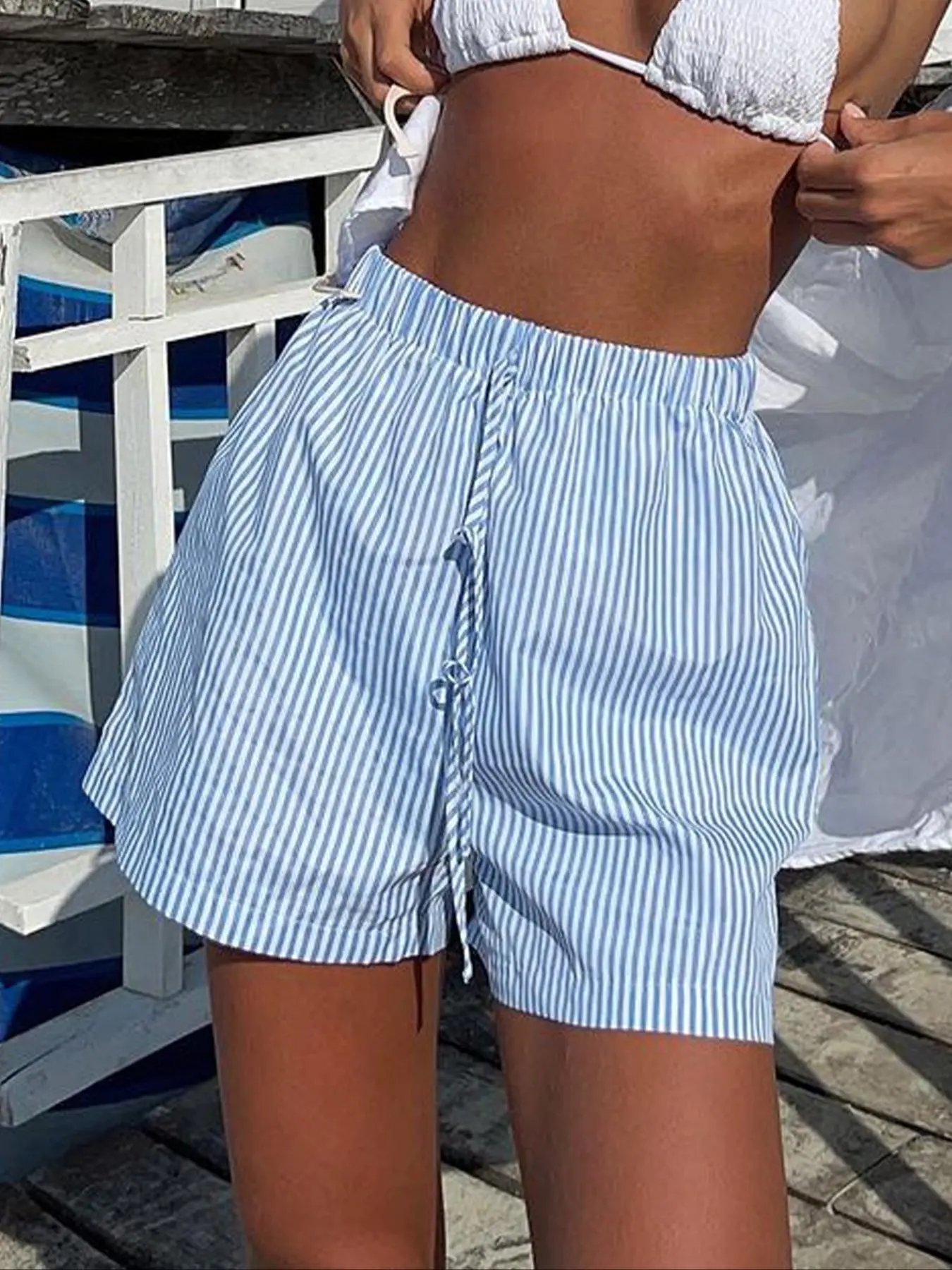 Women's Striped Print Tie Front Elastic Waist Shorts, Casual Comfy Shorts for Summer, Women's Bottoms for Beach Vacation