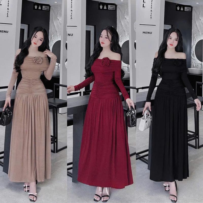 Đầm trễ vai tay dài đính hoa nhún eo dáng dài thanh lịch - thun gân lạnh L08 Váy boby , váy body nữ tôn dáng , váy xinh , váy đi tiệc , váy đi biển , đầm trễ vai