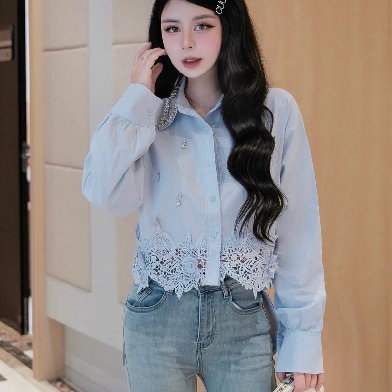 Sơ mi cổ đá thêu viền ren hoa 3D QCCC