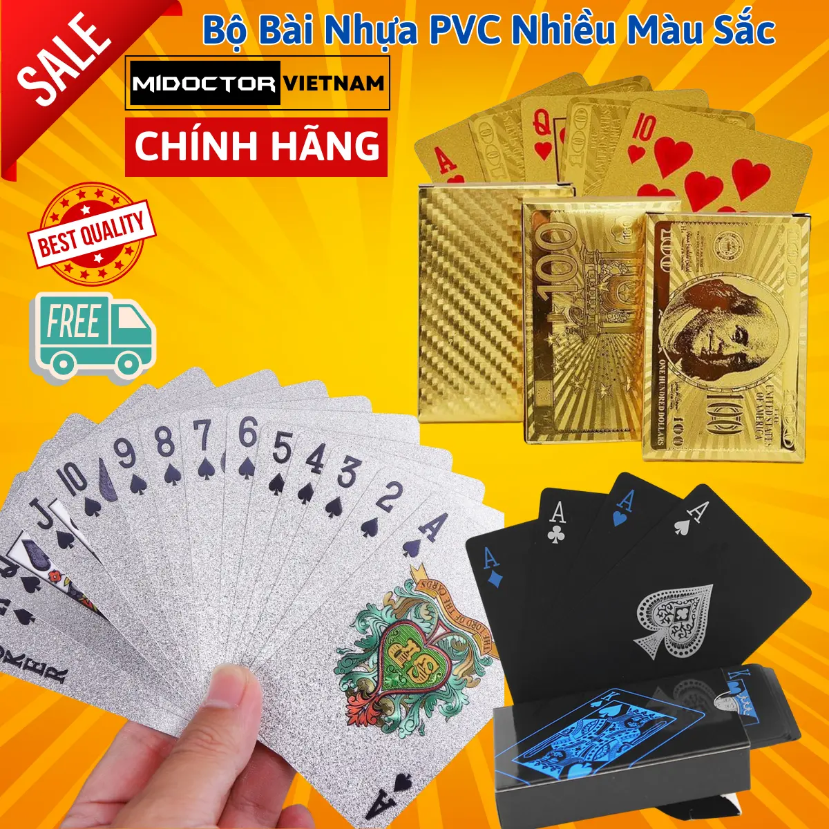 Bài Tây Cao Cấp Mạ Vàng Bạc Đen Nhựa PVC Chống Thấm Nước - Chính Hãng miDoctor