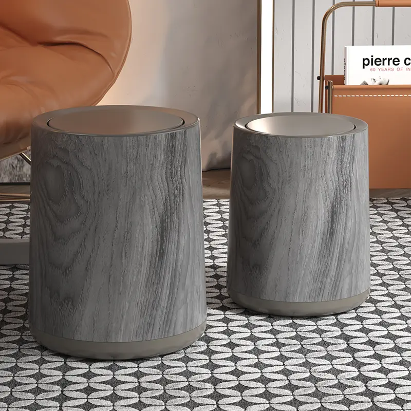 Trash Can Retro Household Wood Grain Bathroom New Large Capacity Kitchen Living Room Office High-looking Paper Basket Star Cover