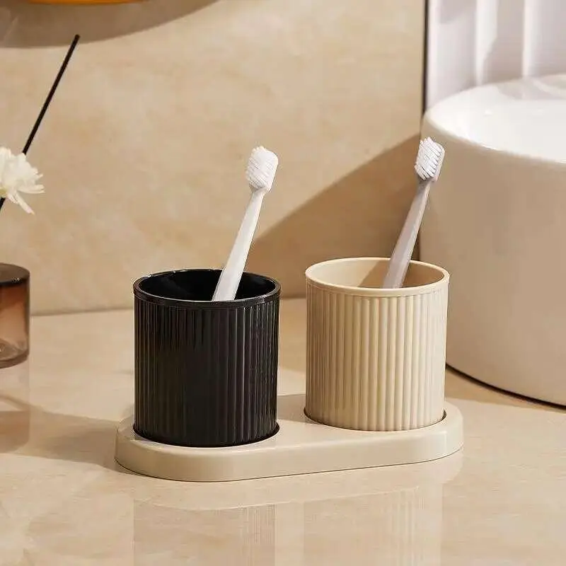 Holder Portable Couple Washing Mouth Cups, Plastic Toothbrush Cup with Tray Base, Bathroom Accessories