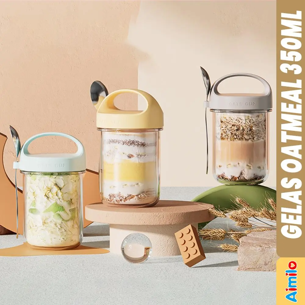 Gelas Kaca Oatmeal Sereal Diet 350ml Anti Tumpah FREE SENDOK Wadah Sarapan Dengan Tutup