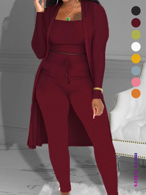Women's Plain Long Sleeve Open Front Cardigan & Tie Front Leggings & Sleeveless Cropped Top Set, Casual Chic Elegant Fashion Cozy Breathable Women's Lounge Outfits for Fall, Ladies Fall Co-ord Sets, Womenswear 7