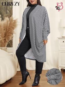 CURVZY Plus Size Houndstooth Print Batwing Sleeve Open Front Jacket, Casual Long Sleeve Outerwear for Daily Wear