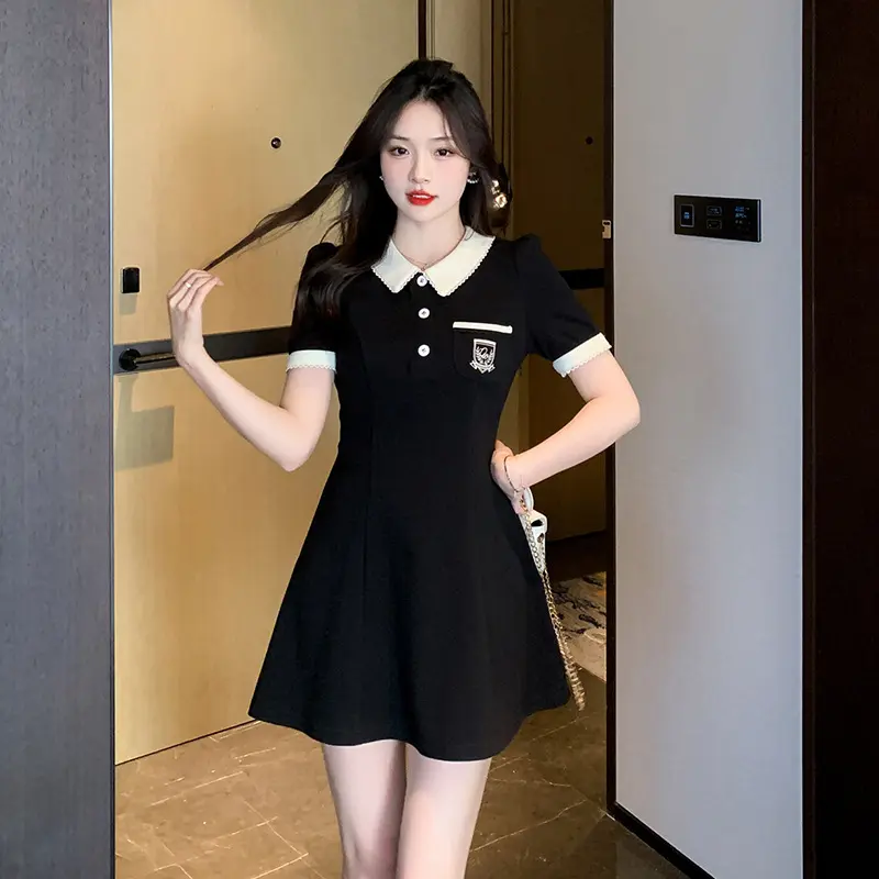 1pc Summer New Design Sense Fashion POLO Collar Short-sleeved Dress Female Slim A Skirt Hepburn Style Skirt