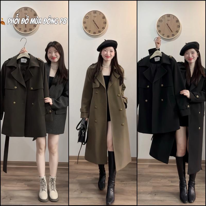 Dạ22 Áo mangto chất dạ dáng dài cúc đồng kèm dây đai - Áo khoác dạ mùa đông form vừa chần bông phong cách trẻ trung QC
