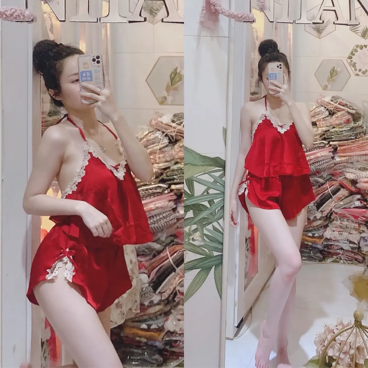 Đồ ngủ yếm lụa satin, phối ren trắng 38-65kg Lụa Mùa hè Women Nữ