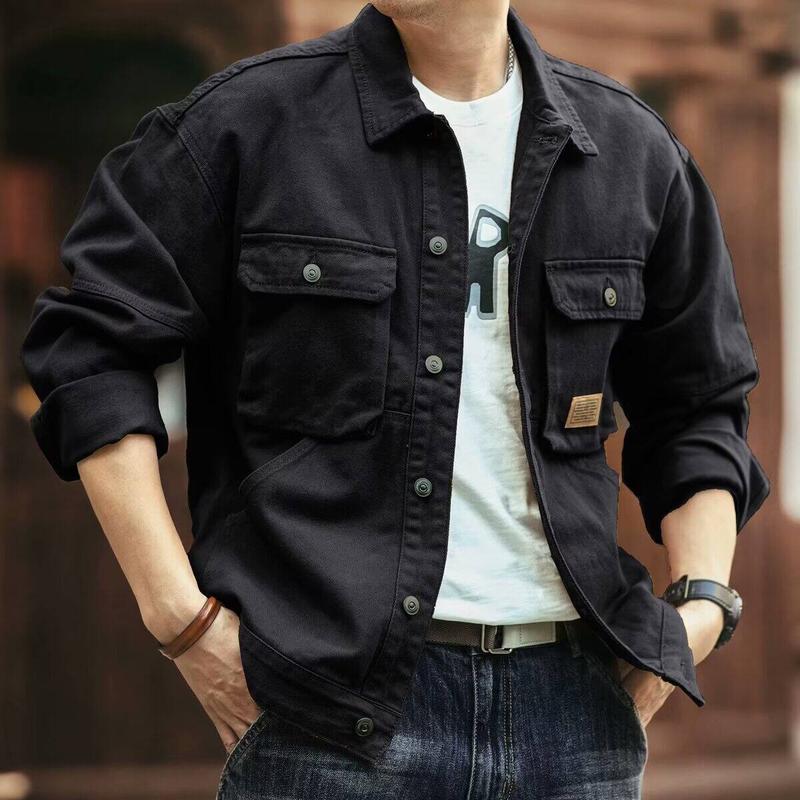 Product Introduction of American Retro Autumn Wear Denim Jacket Men Handsome Trendy Loose Tough Guy Safari Jacket Parka Big Pocket Jacket Tide polo  shirts windbreaker polo  shirts winter  jackets jacket  men light  blue straight  jacket 2